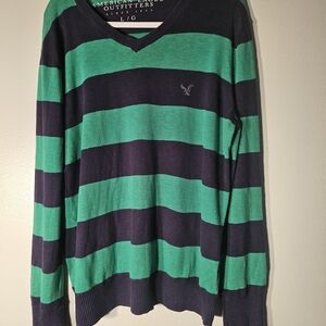 American Eagle Outfitters Green and Black Striped Men's Sweater